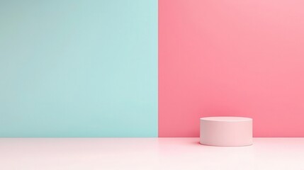 A modern studio setup featuring a pedestal against a vibrant blue and pink wall, perfect for showcasing products or art.