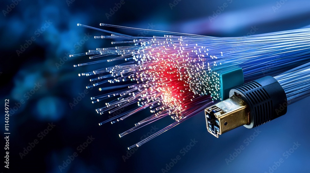Fototapete Dynamic transfer of fiber optic cables in high-tech environment abstract visualization modern concept