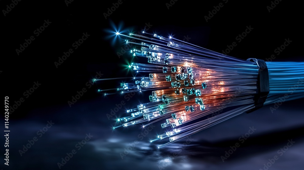 Poster dynamic fiber optic network technology hub digital art dark environment close-up view connectivity c