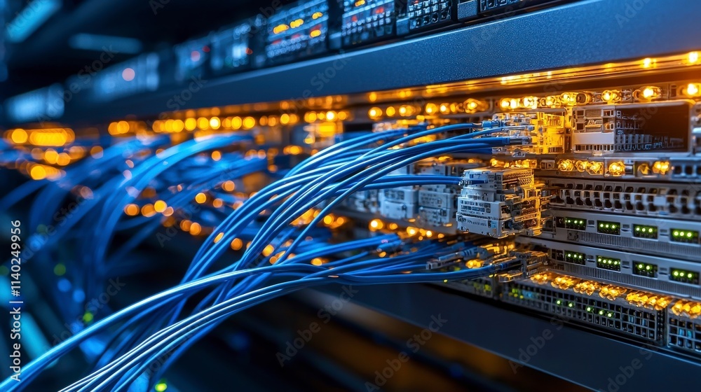 Poster Fiber optic cable array installation data center photography high-tech environment close-up view connectivity concept