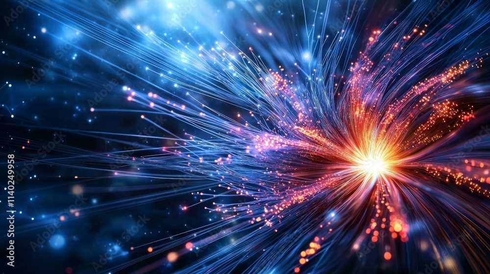 Fototapete Dynamic fiber optic network visualization digital realm abstract art neon glow close-up technological innovation