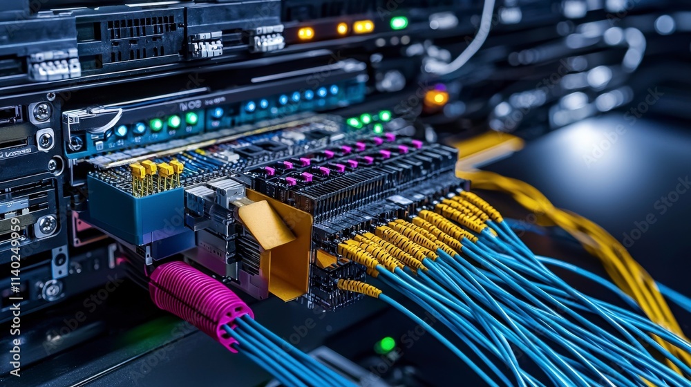 Poster Detailed view of fiber optic cable setup in data center technology infrastructure for enhanced connectivity