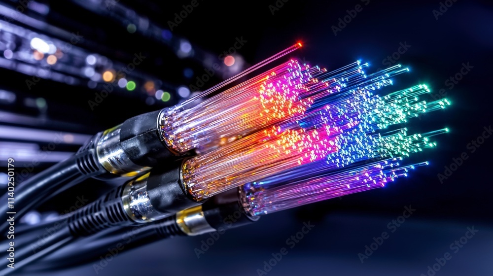Poster illuminating fiber optic cables technology lab closeup photo dark environment macro view advanced co