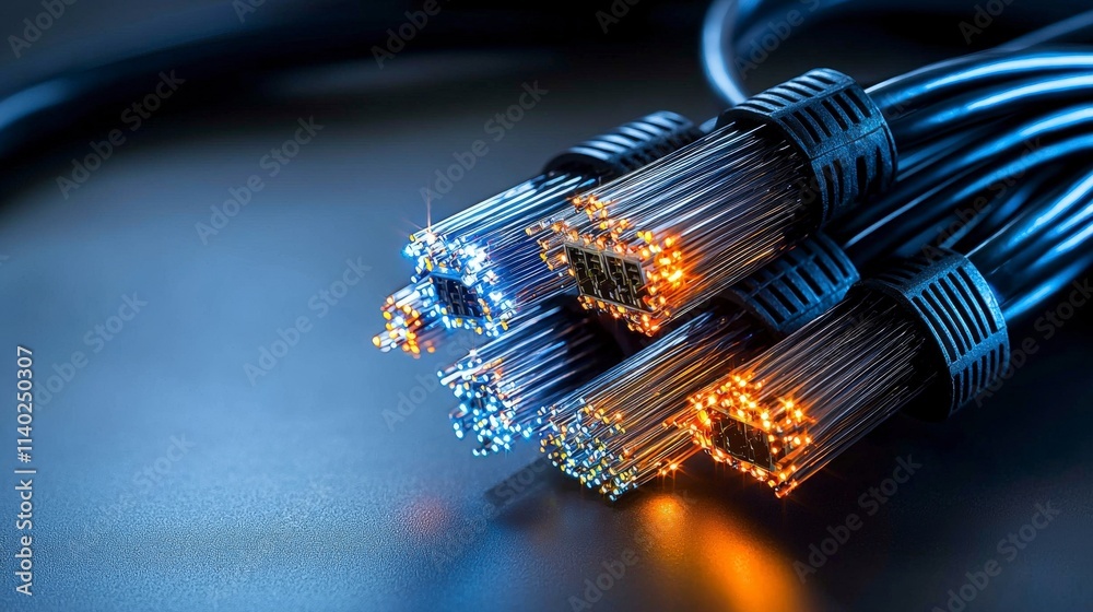 Poster illuminated fiber optic cables tech lab macro photography digital environment closeup view innovatio