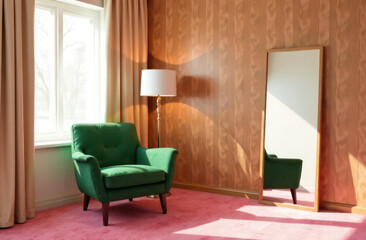 Fototapeta premium ROOM WITH pink CARPETING A BEIGE CURTAIN WITH A GREEN ARMCHAIR AND A WHITE FLOOR LAMP