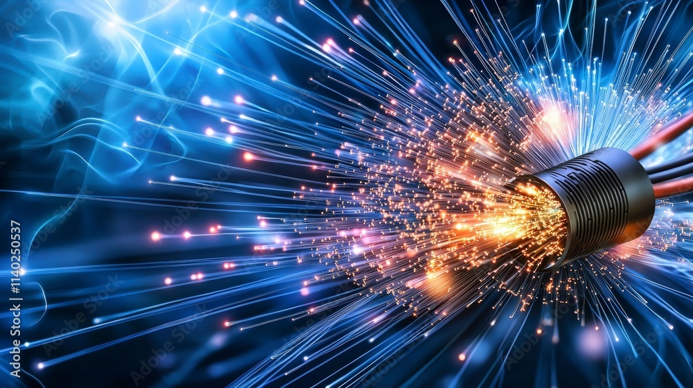 Poster Dynamic light pulses through fiber optic cables high-tech lab closeup visuals dark environment scientific concept