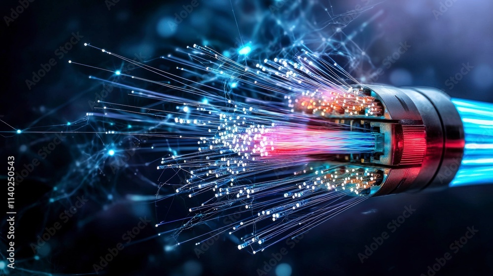 Poster Fiber optic light signals transmitting data technology lab close-up digital environment high-tech viewpoint