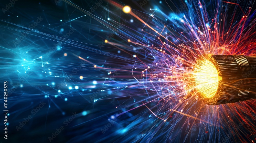 Poster Light transmission through fiber optics technology lab high-speed data transfer close-up perspective innovative concept