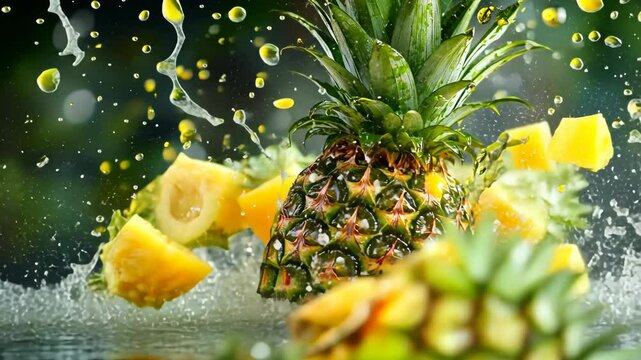 Dynamic splashes and vibrant pineapple explosion in slow motion