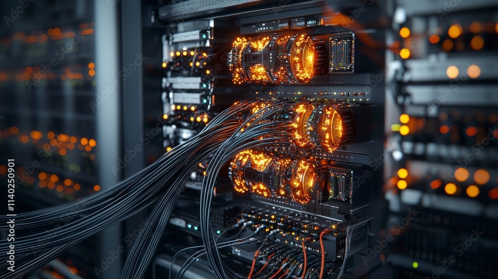 Poster Revolutionizing network connectivity fiber optic technology in data centers high-tech environment detailed visualization