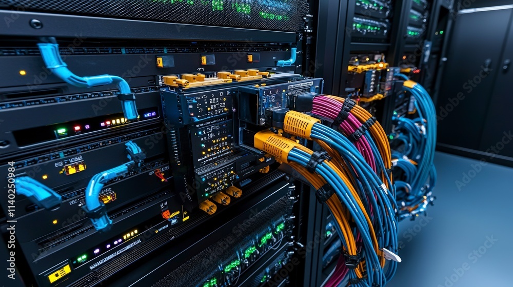Poster Visual guide to advanced fiber optic infrastructure in high-tech data centers for enhanced connectivity