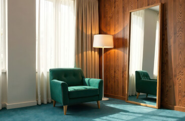 Fototapeta premium ROOM WITH blue CARPETING A BEIGE CURTAIN WITH A GREEN ARMCHAIR AND A WHITE FLOOR LAMP
