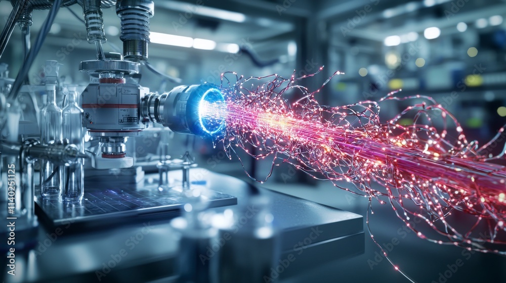 Poster fiber optic cables transmitting vivid light pulses in high-tech laboratory environment with dynamic 
