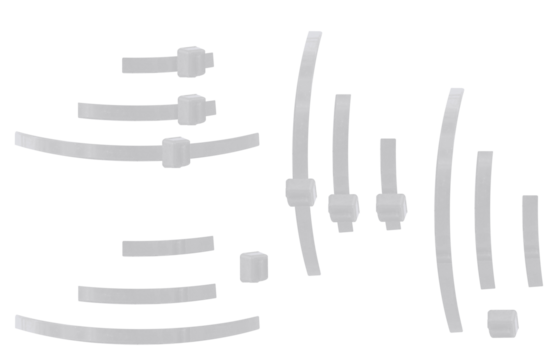 White self-closing plastic cable ties. On isolated transparent background.
