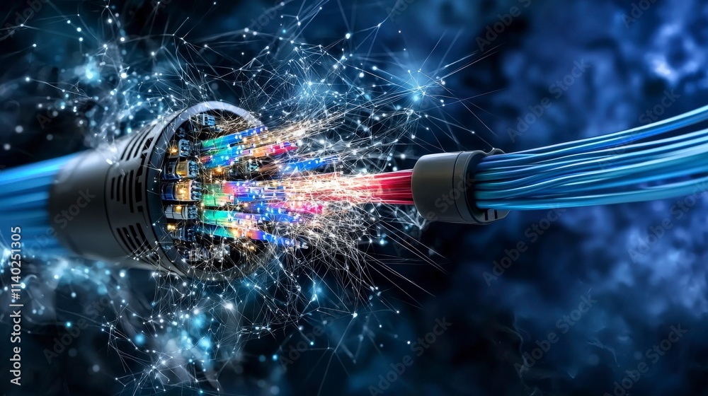 Poster Glowing fiber optic cables transmitting data streams digital network technology cyber environment close-up view innovation