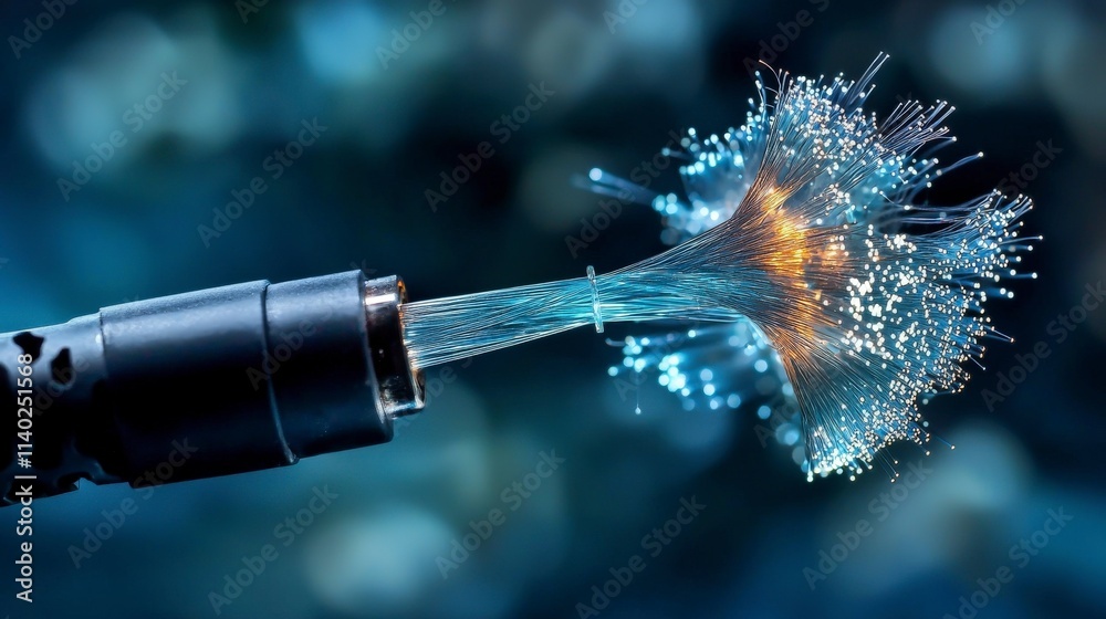 Poster high-speed fiber optic transmission technology lab macro photo dynamic environment close-up perspect
