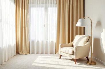 ROOM WITH white CARPETING A BEIGE CURTAIN WITH A beige ARMCHAIR AND A WHITE FLOOR LAMP AND