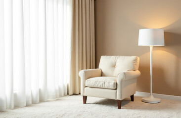 ROOM WITH white CARPETING A BEIGE CURTAIN WITH A beige ARMCHAIR AND A WHITE FLOOR LAMP AND