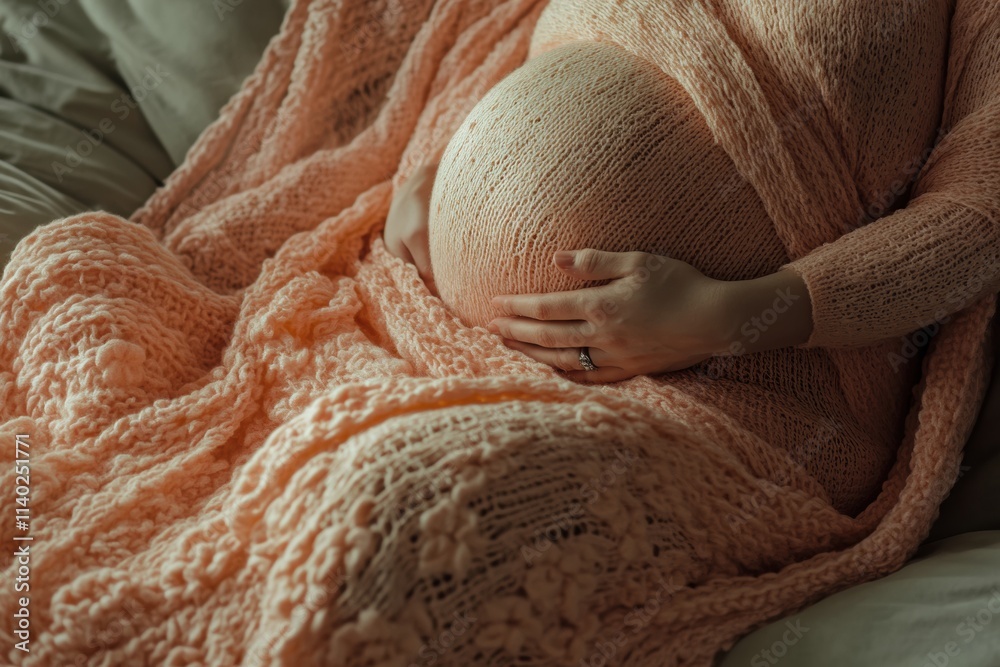 Aufkleber soft knitted blanket lovingly wrapped around a round pregnant belly in a cozy setting. generative ai