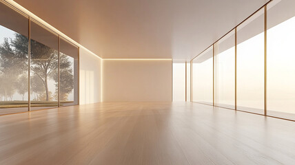 Obraz premium Empty room with a light wood floor and large windows
