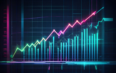 A glowing financial chart, with upward-pointing arrows and vibrant, pulsating bars