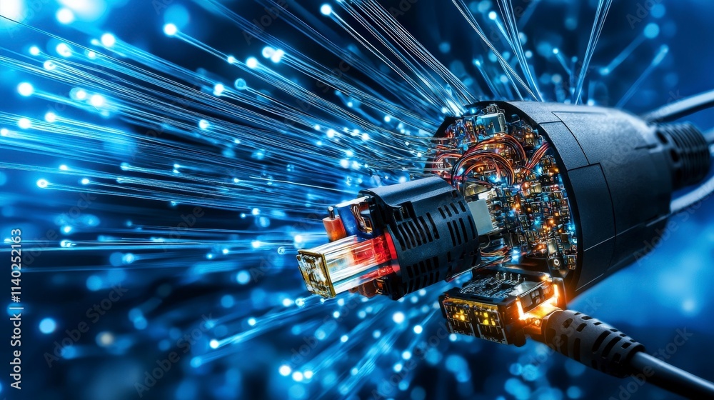Aufkleber Dynamic communication signals transmitting through a high-tech connector in a futuristic environment