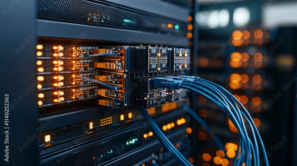 Aufkleber data infrastructure powered by fiber tech facility server room modern environment wide-angle view in