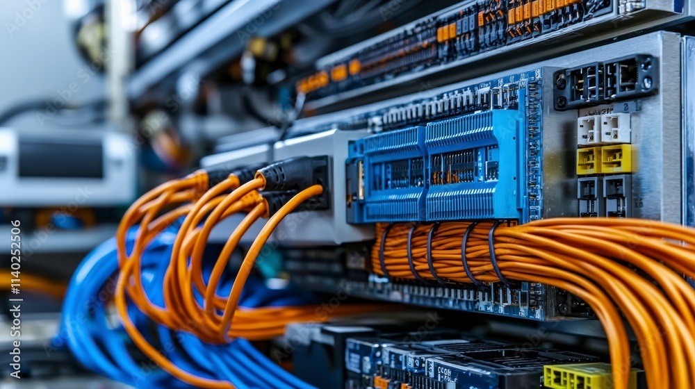 Poster fiber optic network infrastructure data center technology industrial environment wide angle view con