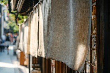 The hanging fabric at traditional Japanese restaurants and shops functions as both a sign and a symbol