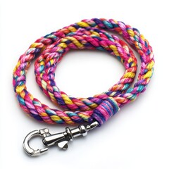 Naklejka premium A colorful braided leash with vibrant threads and a durable clasp on a white background