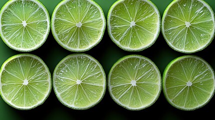 A vibrant arrangement of freshly cut limes showcasing their juicy, green interiors. The limes are evenly spaced against a soothing dark background.