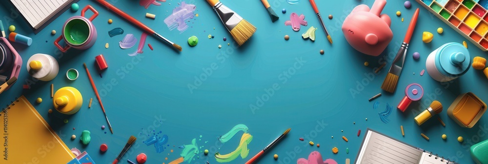 Poster colorful educational materials are arranged on a vibrant blue surface for creative activities and ar