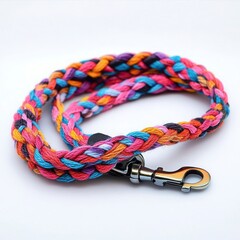 Fototapeta premium A colorful braided leash with vibrant threads and a durable clasp on a white background 