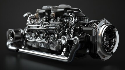 Powerful, chrome, and black V8 engine.
