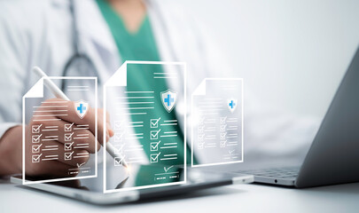 Medical professional managing digital healthcare documents on a futuristic interface. Perfect for...