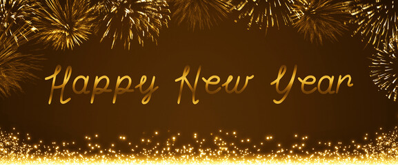 New Year fireworks and sparkling lights on golden background.