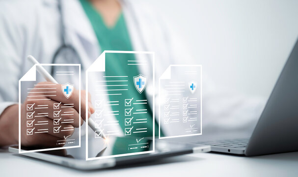 Medical professional managing digital healthcare documents on a futuristic interface. Perfect for patient records, health checklists and secure documentation