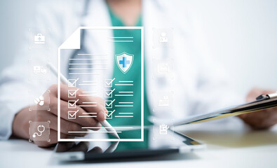 Doctor interacts with a virtual checklist displaying organized healthcare documentation and medical...