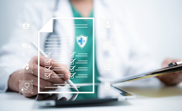 Doctor interacts with a virtual checklist displaying organized healthcare documentation and medical task management for improved patient care