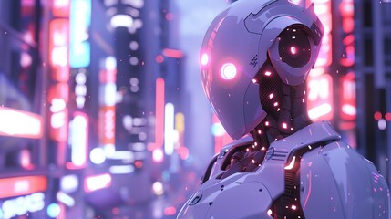A futuristic robot standing in a city.