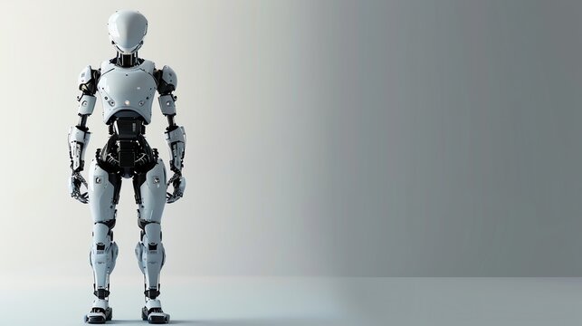 A humanoid robot stands in a white room.