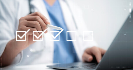 Doctor holding a pen interacts with a virtual checklist interface, symbolizing task management, health records, and workflow automation in digital healthcare systems