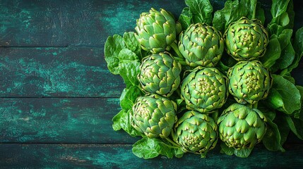A vibrant arrangement of fresh artichokes surrounded by green leaves, showcasing their unique shapes and textures against a dark wood background.