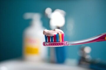 Pink toothpaste on a toothbrush in a modern bathroom