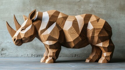 Geometric wooden rhino sculpture.