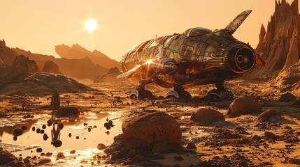 A futuristic spaceship landed in a desert with a large sun in the background.
