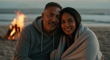 Cozy beach bonfire with mature hispanic couple embracing at sunset
