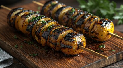 Grilled vegetable skewers featuring caramelized onions, yellow squash, and vibrant seasoning, showcasing a flavorful culinary delight.