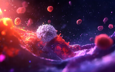 Obraz premium An image of a cancer cell and a white T-cell engulfing a human cell