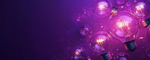 Creative light bulb lights up other extinguished light bulbs on a dark purple background, concept. Leadership, creative idea. Think differently. Start up